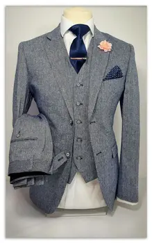 

Grey Smoking Tweed Men Suit Fashion 3 Pieces Groom Tuxedo Mens Suits Custom Made Slim Fit Groomsmen ( Jacket+Pants+Vest)