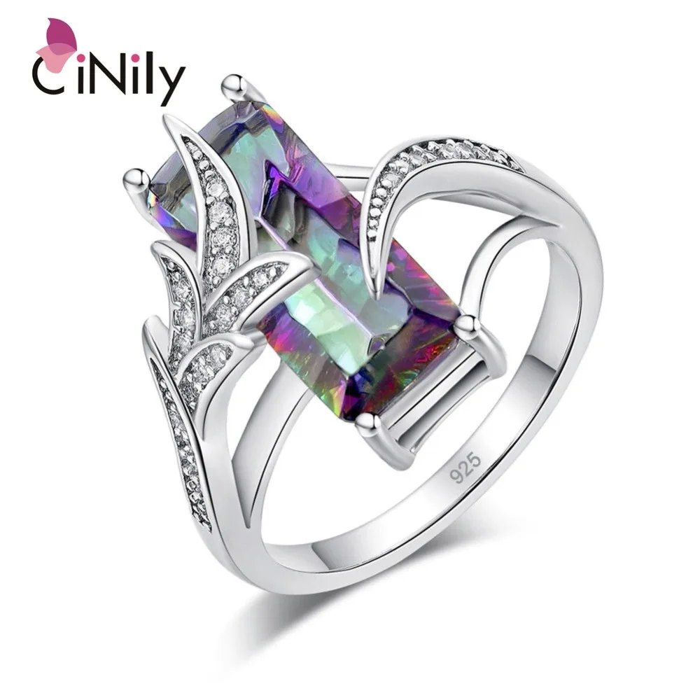 CiNily Rainbow Mystic Zirconite Rings Silver Plated Luxury Large Ring