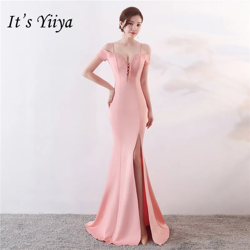 

It's Yiiya Black Pink evening dress Floor-length short sleeve Elegant Boat neck long Porm dresses Fashion Formal Party gown C068