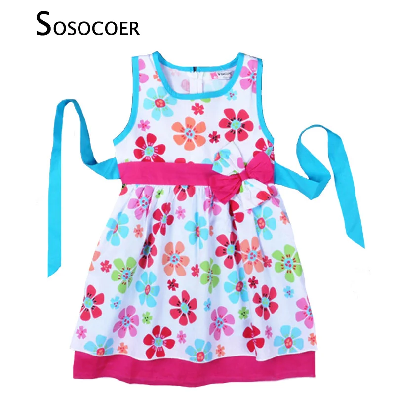 SOSOCOER Girls Dress Summer Style Fashion Sleeveless Children Dresses Lovely Bow Ribbon Kids