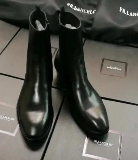 FR.LANCELOT genuine leather black men fashion Chelsea boots low heel factory photo side zipper top ankle boots shoes men
