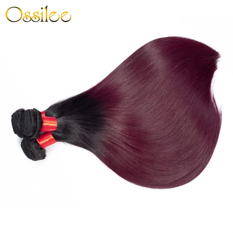 Ossilee Ombre Brazilian Straight Hair Bundles 1B 99J/Burgundy Two Tone Red Human Hair Bundles NonRemy Hair Extension 1/3/4 Pcs