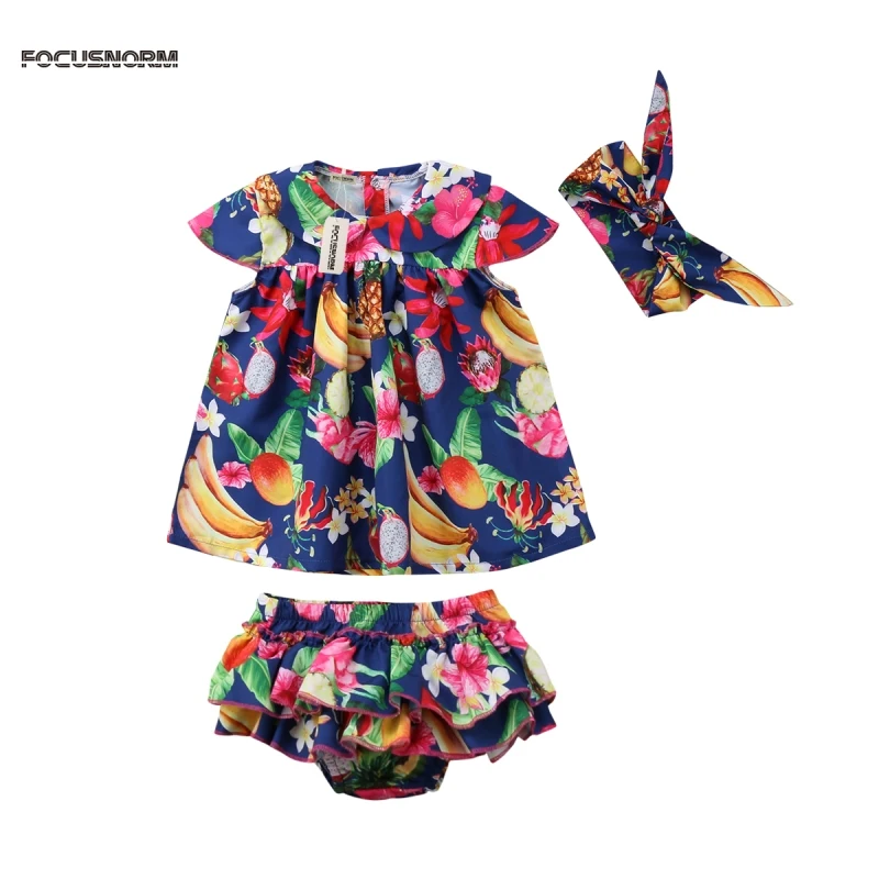 

Summer Newborn Kids Baby Girl Outfit Clothes Tops Tutu Dress Pants Headband Set Baby Sleeveless O-Neck Ruffles Romper Blue
