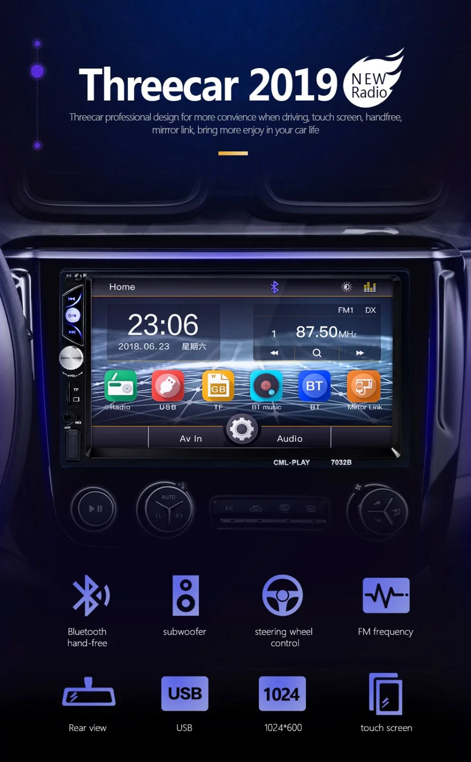 Mirror link Android 9.0 2 din car radio autoradio 7'' Multimedia Player Bluetooth handsfree FM/TF/USB Rearview Camera Car Radio