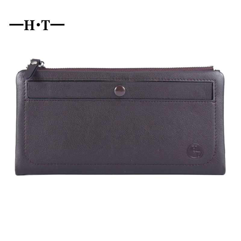 

HT Wallet Long Clutch Men Long Purse Mens Wallet Genuine Leather Purse Zipper Clutch With Card Holders Hasp Brown Male Wallet