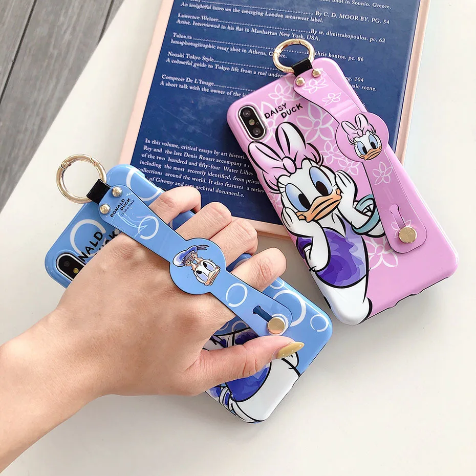 Donald Daisy Duck Case for iPhone 7 8 6 6S Plus Cute Cartoon Wrist Strap Bracket Phone Cover for iPhone XS Max XR X Case Funda