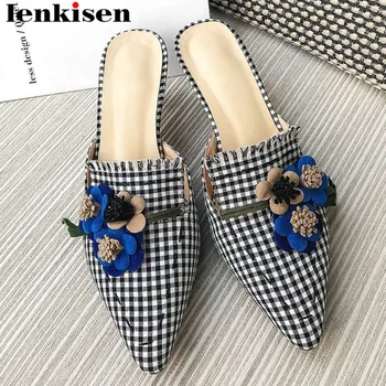 

Hollywood movie stars elegant colorful flowers decoration thin med heels pointed toe slip on mules streetwear dating shoes L44
