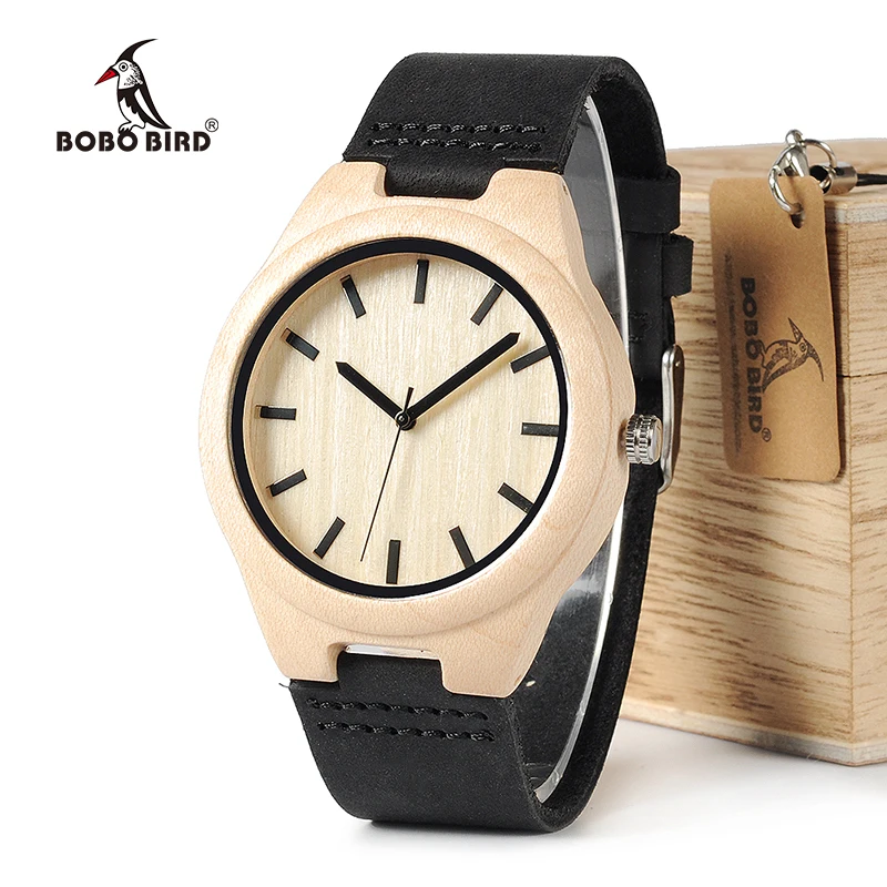 BOBO BIRD WF21 Maple Wood Watches Mens Design Brand Luxury Real Leather with Red Thread Quartz Watch for Men in Gift Box
