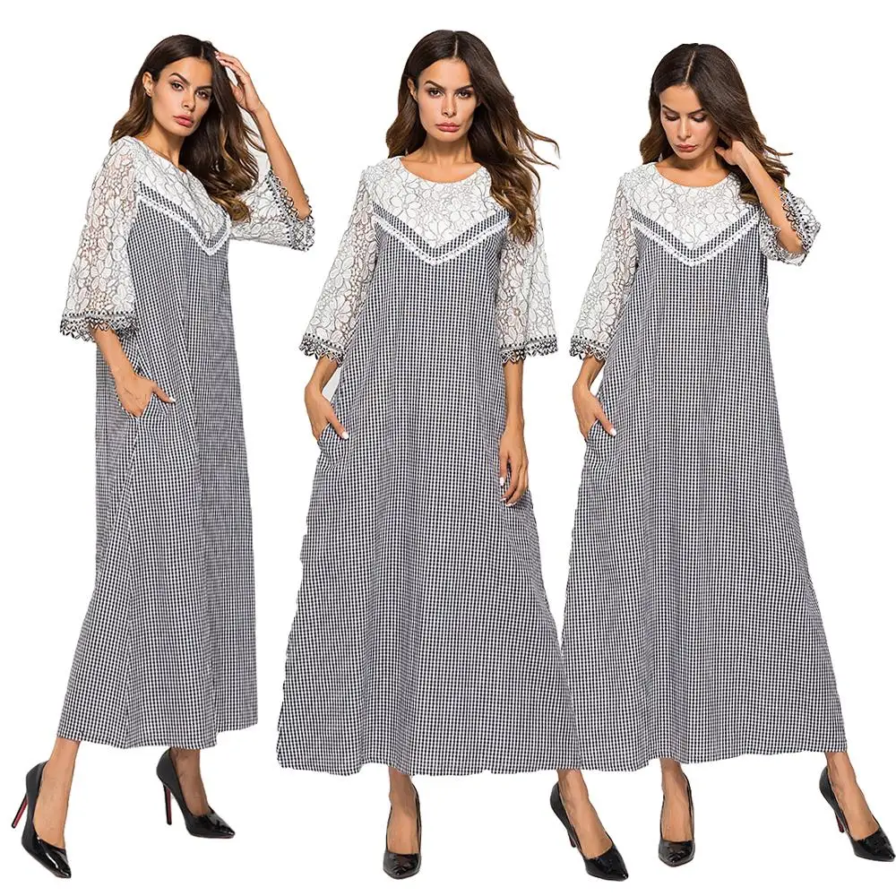 Muslim Women Long Maxi Dress A-line Plaid Lace Patchwork 3/4 Sleeve Abaya Gown Summer O-neck Islamic Clothing Arab | Тематическая