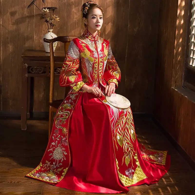 Красный Для женщин дракон феникс вышивка Qipao Китайский Стиль Свадебное платье костюм полной длины цветок Восточный комплект платья Ципао - Цвет: Red