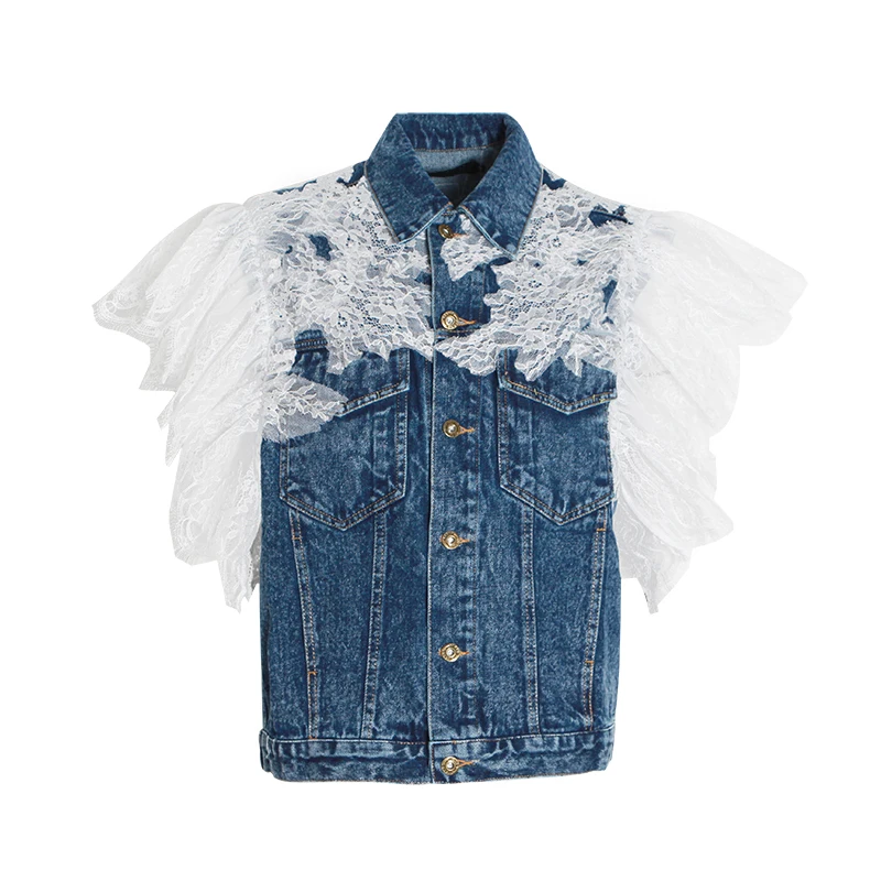 

2019 Summer Fashion Korean Lace Patchwork Women Vest Lapel Collar Sleeveless Button Denim Jacket Female Fashion Clothes
