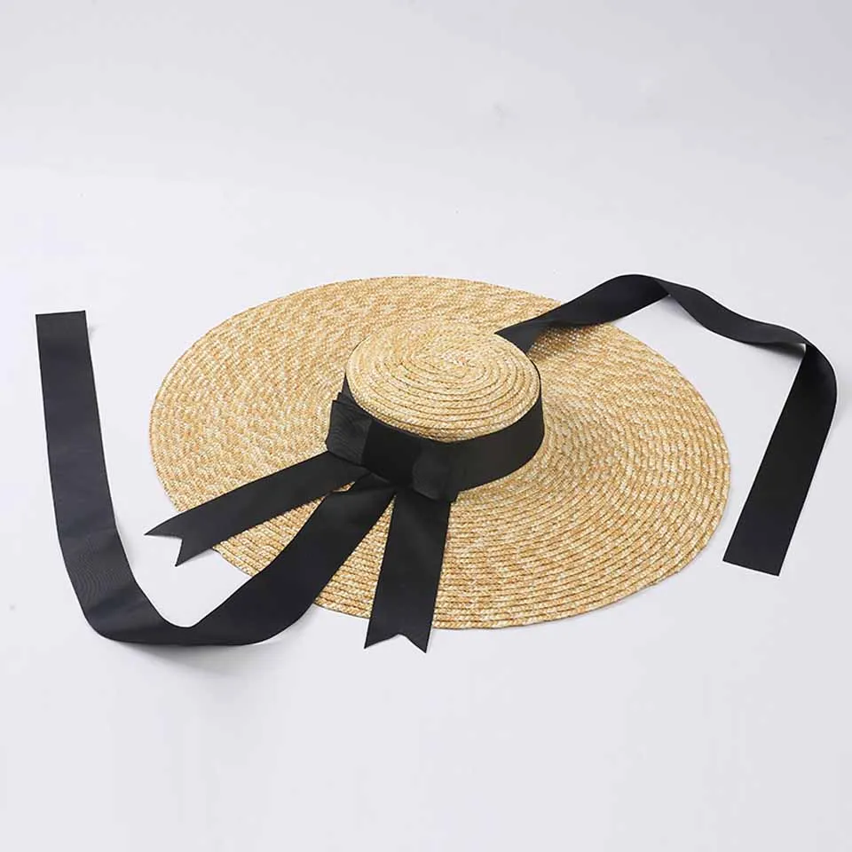 Natural Wheat Straw Hat Ribbon Tie 15CM/18CM Brim Boater Hat Elegant Beach Sun Hat Cap Lady Summer Wide Brim UV Protect Hats - Цвет: F0089-1