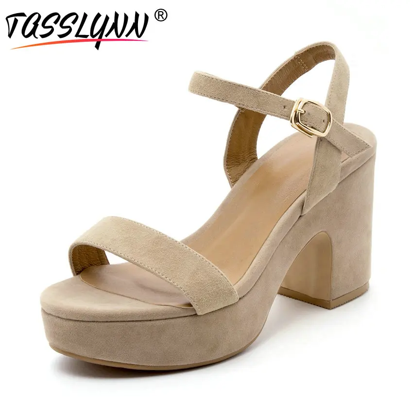 

TASSLYNN 2018 Apricot Women Sandals Sexy Kid Suede PU Gladiator Summer Shoes Ankle Strap Square High Heels Sandal Size 34-39