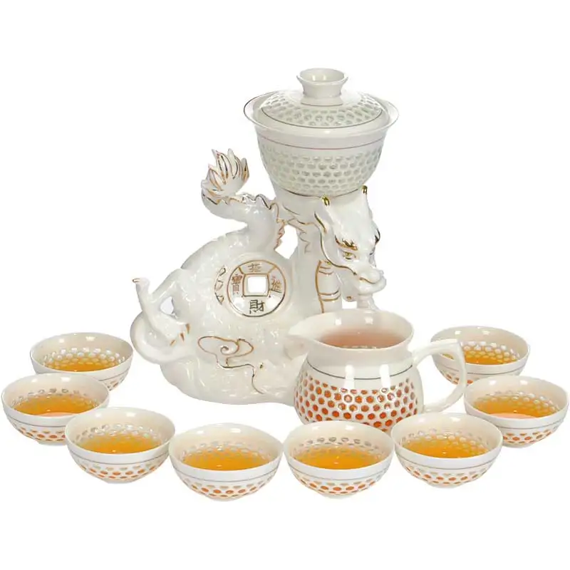 

11PCS/Lot Creative Openwork Ceramic Automatic Tea Set Chinese Kung Fu Tea Set Tea Cups Gaiwan Fair Cup Dragon Base Kit Drinkware