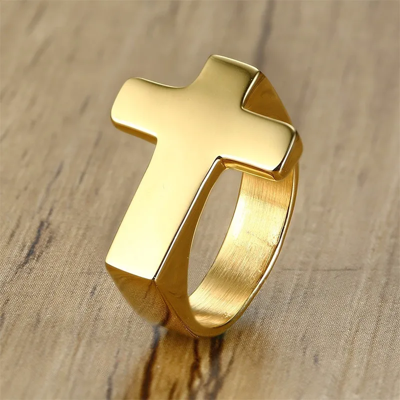 Vnox, уникальное кольцо с крестиком для мужчин, глянцевое кольцо из нержавеющей стали для молитвы о Христе, Иисусе, вере, анеле - Цвет основного камня: Золотой