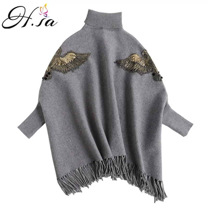 

2018 Winter Women Sweaters Poncho Turtleneck Pull Jumpers Batwing Sleeve Eagle Sweaters Tassel Sweater Poncho cloak sueter mujer