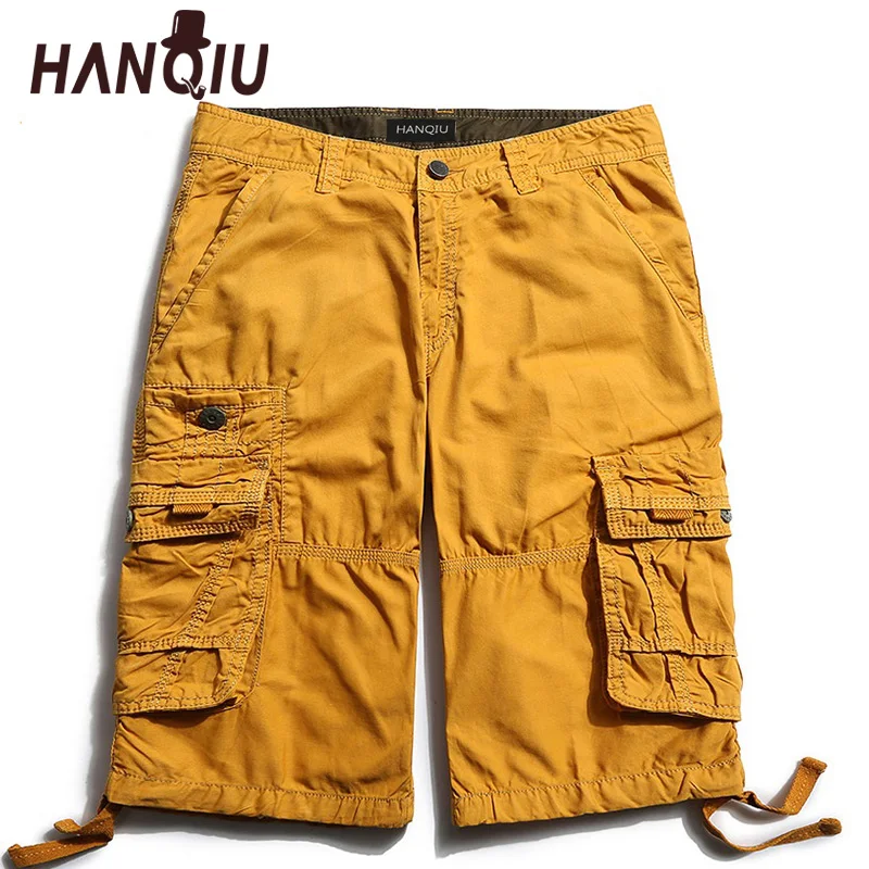 

HANQIU 2019 Summer Cargo Shorts Men Casual Baggy Solid Pure Cotton Mid-Waist Multi-Pocket Army Tactical Military Male Shorts