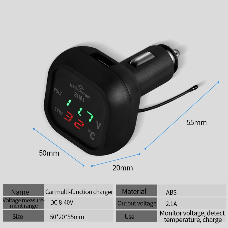 USB Автомобильное зарядное устройство 3в1 термометр батарея Напряжение Ток дисплей в режиме реального времени прикуриватель светодиодный адаптер электронные аксессуары