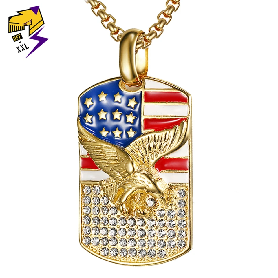 Classic American Flag Eagle Necklaces Men Gold Color Big Pendant