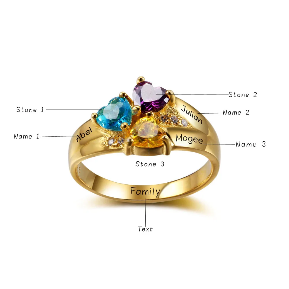 Personalised Rings Engrave Jewelry 3 Heart Birthstones 925 Sterling Silver Love Mother Rings Gift For Mommy (JewelOra RI102344)