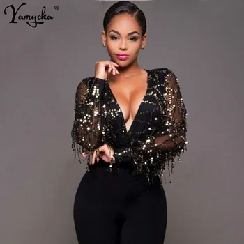 

Sexy Black Gold Sequins Jumpsuit Summer Bodysuits Women body Long sleeve Leotard Sequined Night clubWear Embroidery Party Romper
