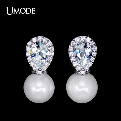 Umode дамы малых груша Cut CZ и перл серьги стержня с прекрасным дизайном для свадьбы и ну вечеринку свадебных украшений для женщин UE0122
