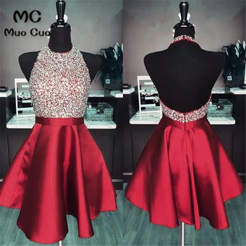 

2018 Beaded burgundy homecoming dresses Backless Party Dresses Halter Homecoming Cocktail Dresses Custom Made