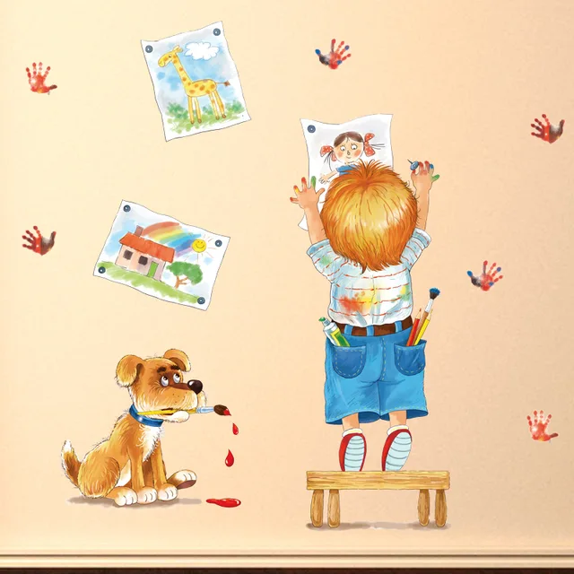 Removable Wall Sticker Cartoon Cute Dog Sweet Boy Painting Palm Print