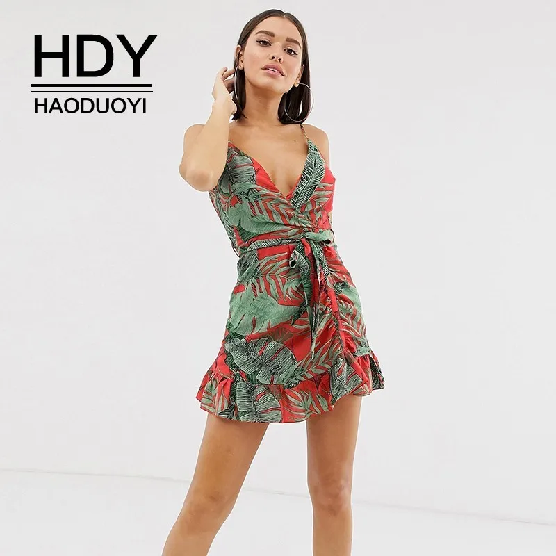 

HDY Haoduoyi 2019 Summer Fashion New Style Comfortable Simple Wrap Tropical Print Lace Hem Ruffle V-neck Sexy Sling Dress