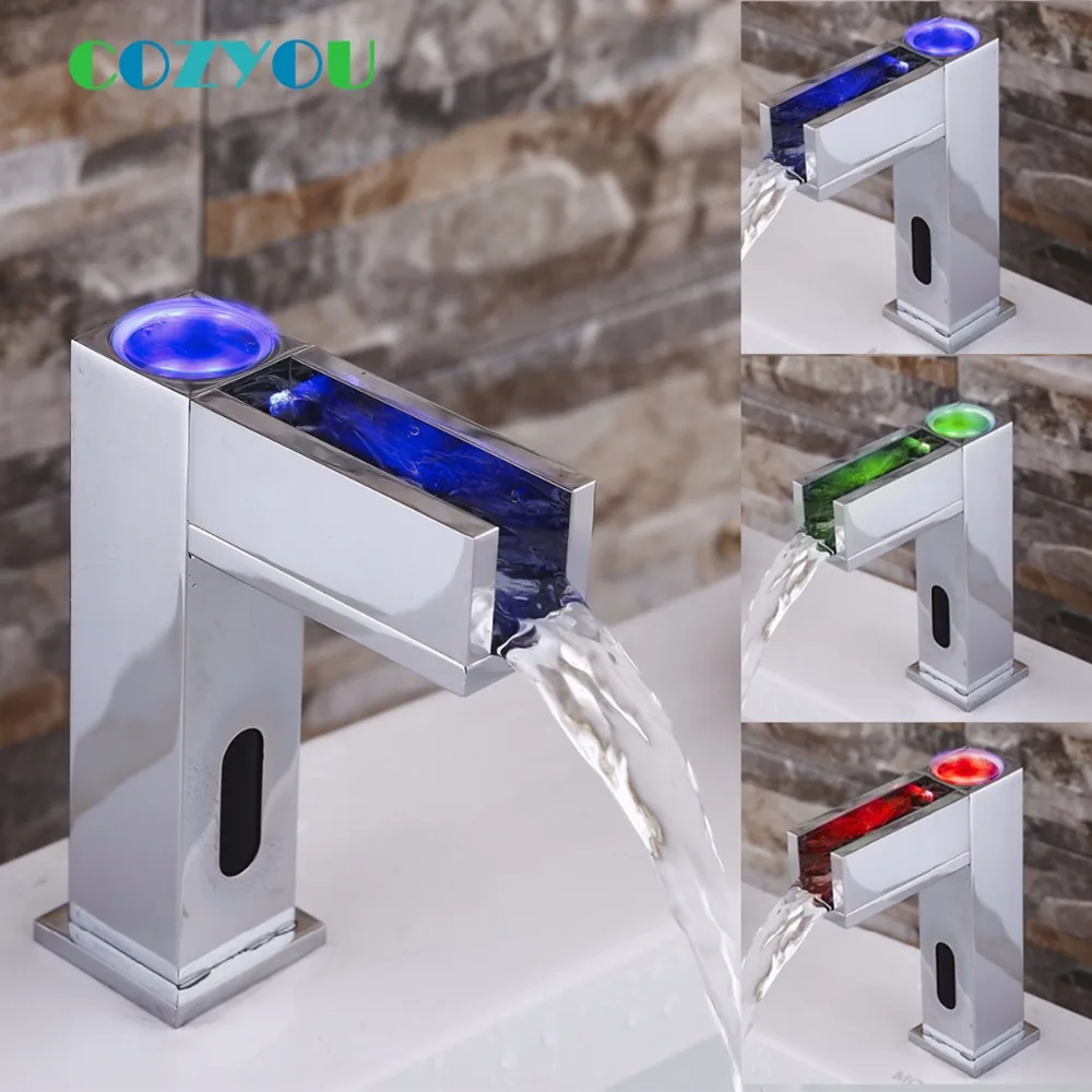 

LED light waterfall full copper automatic hot and cold water sensor faucet temperature sensitive mixer