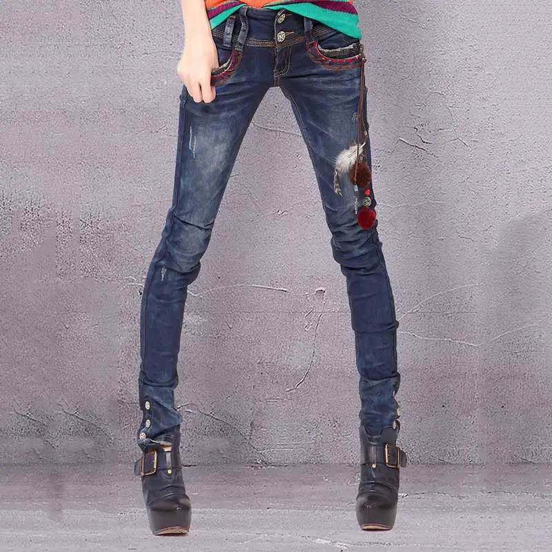 Otoño Hecha Mano Bordado A Artka Pantalones Lavado K810056q Lápiz Decoración Blue Nuevo Slim Mujeres Fit gwWcqq4X5
