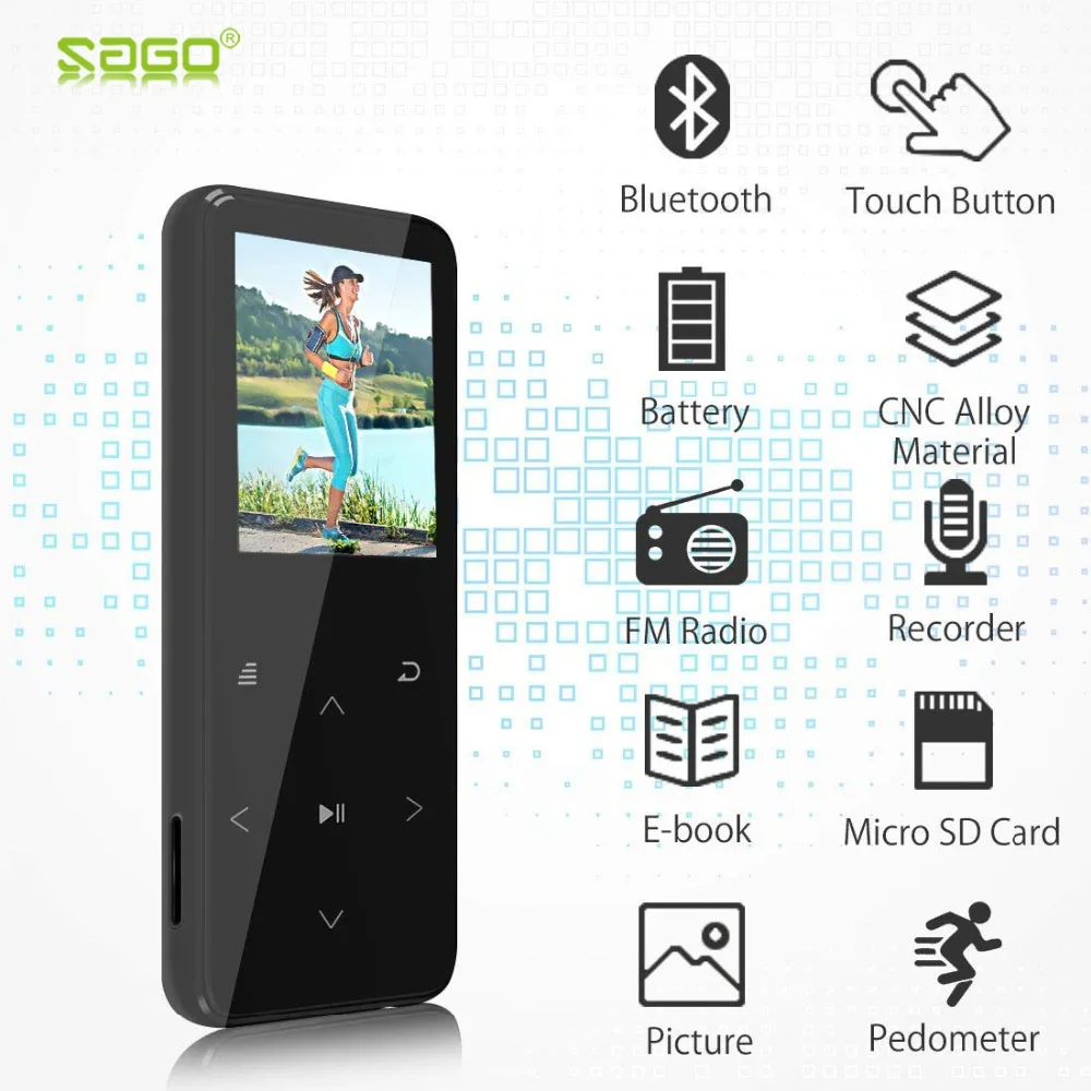 Sago M2 Bluetooth 4.0 Lossless Sound MP3 Music Player 16GB 1.8 Inch Color Screen Zinc Alloy + 2.5D Glass Body with FM Radio