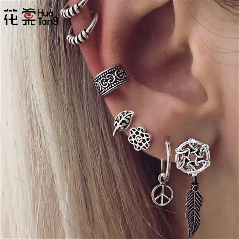 

HuaTang Trendy Leaf Flower Studs Earring Set for Women Female Antique Silver Stud Earrings Ear Cuff Brincos 7pcs/set 5987