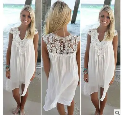 

1pcs/lot Chiffon women dress summer casual Sleeveless loose dress lady Hollow Out lace beach dress 3colors