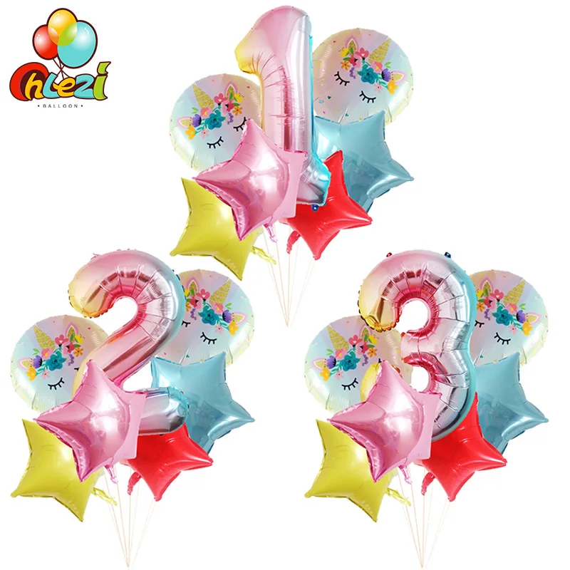 

7pcs 32 inch Gradient color Number Foil Balloons Birthday Wedding Party Decorations Round Rainbow Unicorn Balloon Baby Shower