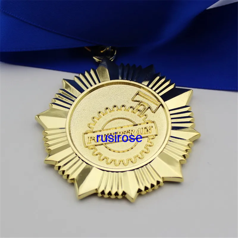 

Personalized gold metal LOGO medal commemorative medal custom, with sky blue ribbon