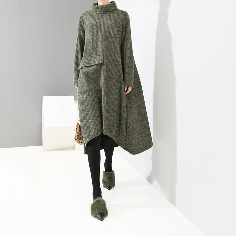 Hongsonghan 2018 Winter new retro women's pullover Korean style large size A-line loose waist high collar knitted dress tide