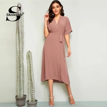 Sheinside элегантное розовое платье с v-образным вырезом и поясом для женщин весенние прямые платья с коротким рукавом женские повседневные однотонные платья