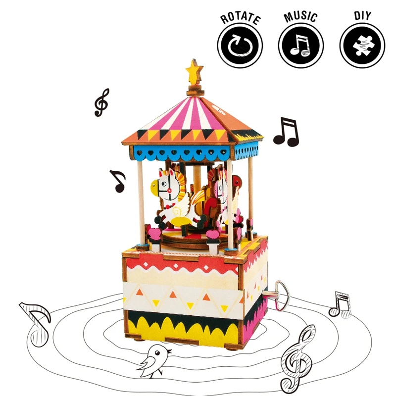 

Robotime Rotatable DIY Merry-go-round Wooden Music Box Carousel Home Decor Beauty Horse Romantic Gift For Friends Children AM304
