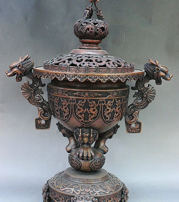 

22" Old Chinese Palace Bronze Fly Dragon Kylin Lion Head Incense burner Censer