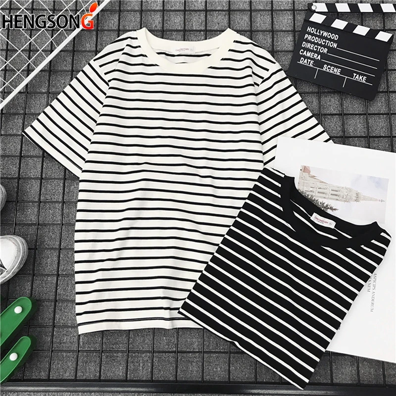 Женская футболка с коротким рукавом, черно-белая полосатая футболка, модная свободная футболка для девочек, Женская Повседневная футболка, Футболка Harajuku