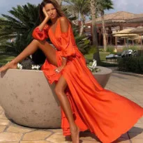 Missord женское сексуальное платье с глубоким v-образным вырезом и открытыми плечами, одноцветное платье с высоким разрезом, женское элегантное платье макси FT20018 - Цвет: Оранжевый