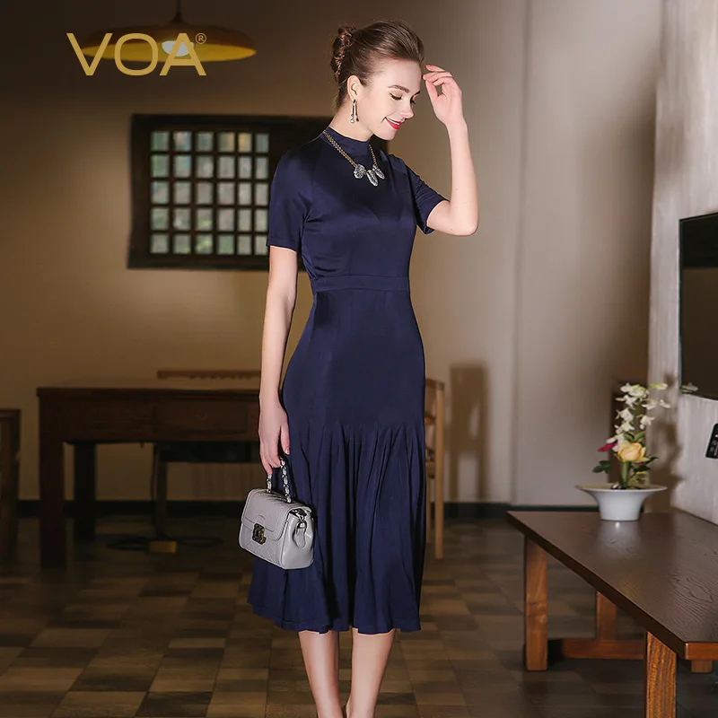 

VOA 2018 Spring Summer Brief Solid Navy Blue Plus Size Silk Knit High Waist Slim Dress Short Sleeve Women Mermaid Dress A5391