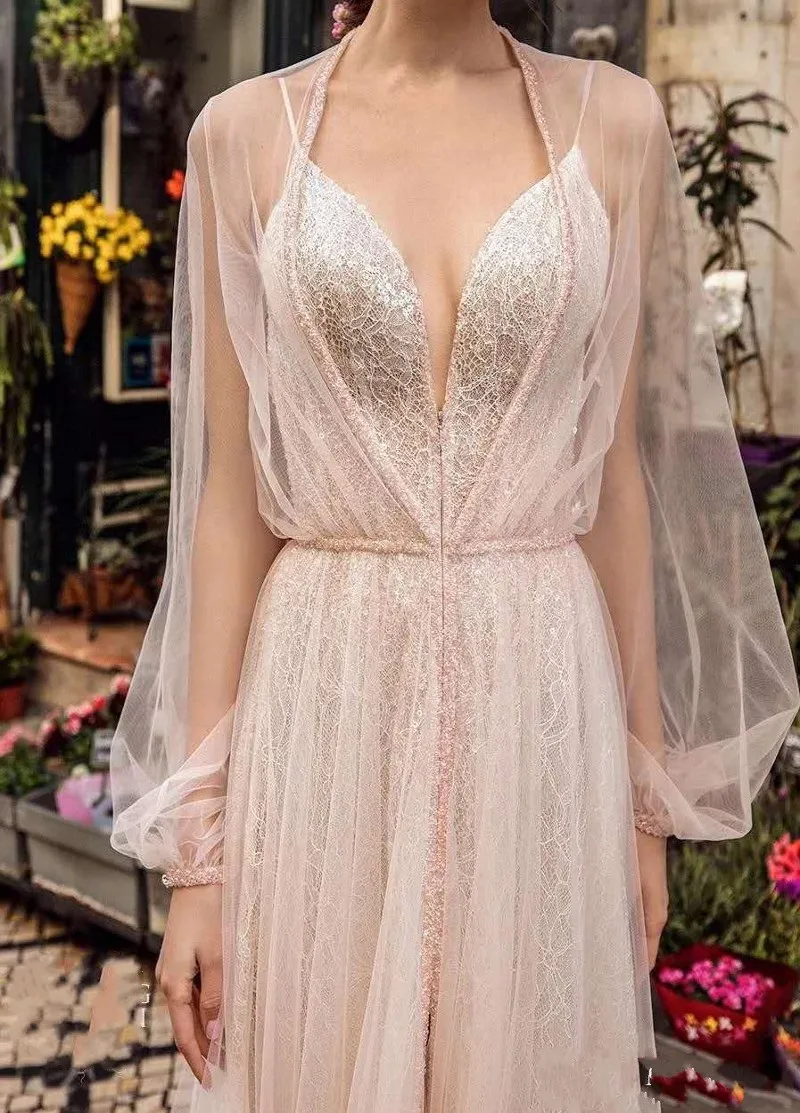 Весна Лето, кружевное пляжное свадебное платье, сексуальное, Boho Vestido De Noiva Eleagnt, Тюлевое, с рукавами-фонариками, с разрезом спереди, свадебные платья