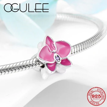 

Fashion pink orchid shape charms Enamel beads 925 Sterling Silver Fit Original Pandora Charm Bracelet bangles DIY Jewelry Making