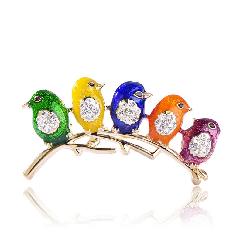 Blucome Vivid Colorful Enamel 5 Birds Brooches For Women Kids Gold Color Crystals Broches Scarf Dress Suit Shoulder Hat Brooches