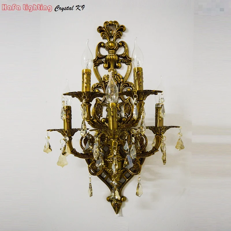 Большой 5 ламп Античный желтый бронзовый настенное бра лампа светильник для Спальня гостиная кристалл кронштейн настенный светильник