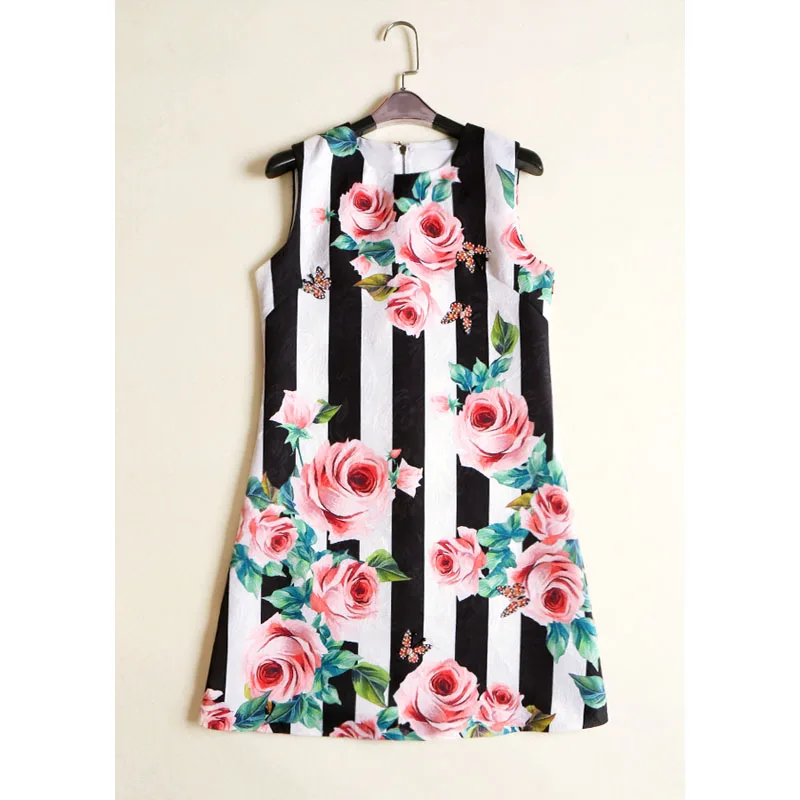 

New Arrival 2017 Woman Fashion Summer Dress Sicilian Retro Sleeveless Striped Vintage Clothes O Neck A Line Dress Above Knee