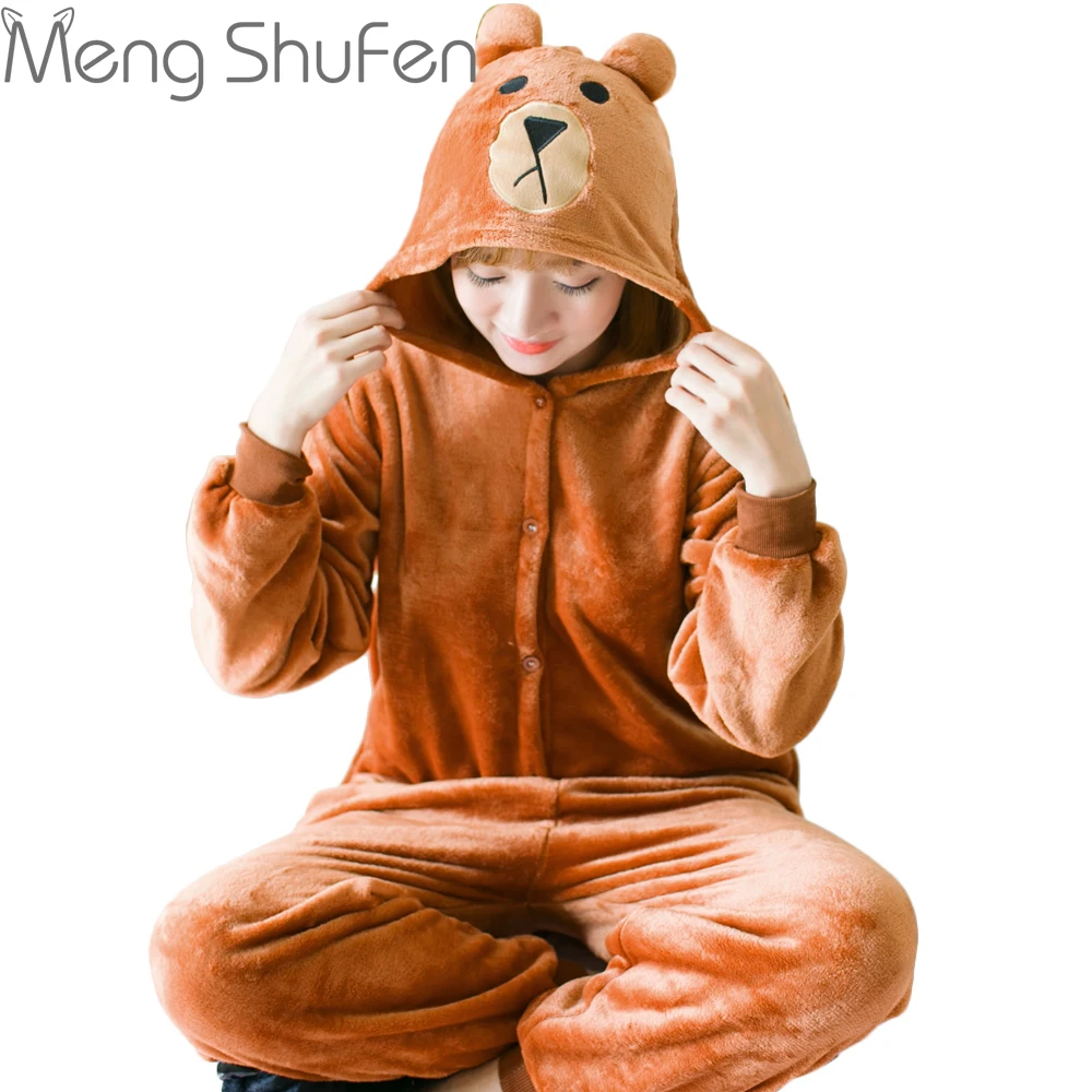 Brown bear Pajamas Sets Winter Autumn Sleepwear Unisex Adult Flannel Hooded Cartoon Animal Onesie For Women Men Girls | Женская одежда