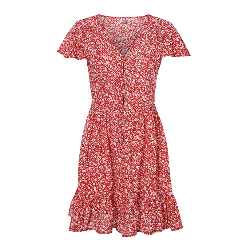Купальник Bikinx с v-образным вырезом и цветочным принтом, летнее короткое пляжное платье, женская винтажная пляжная одежда на пуговицах, сексуальная туника для женщин - Цвет: Красный